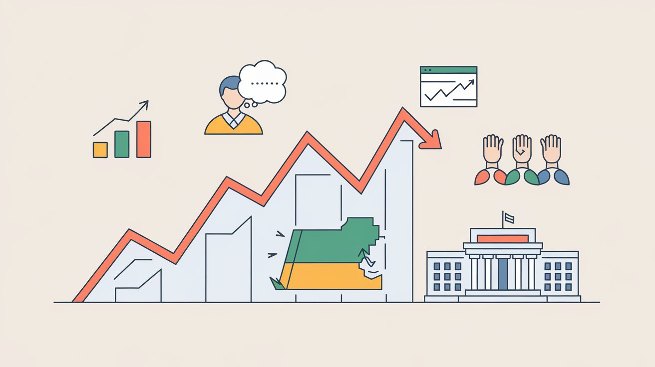 Infographic showing a graph of mortgage rates in Massachusetts with arrows reflecting fluctuations, surrounded by icons representing inflation, labor market trends, and the Federal Reserve's policies.