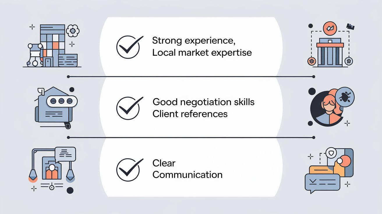 Checklist of key qualities to look for in a buyer’s agent, including experience, market expertise, negotiation skills, and responsiveness.