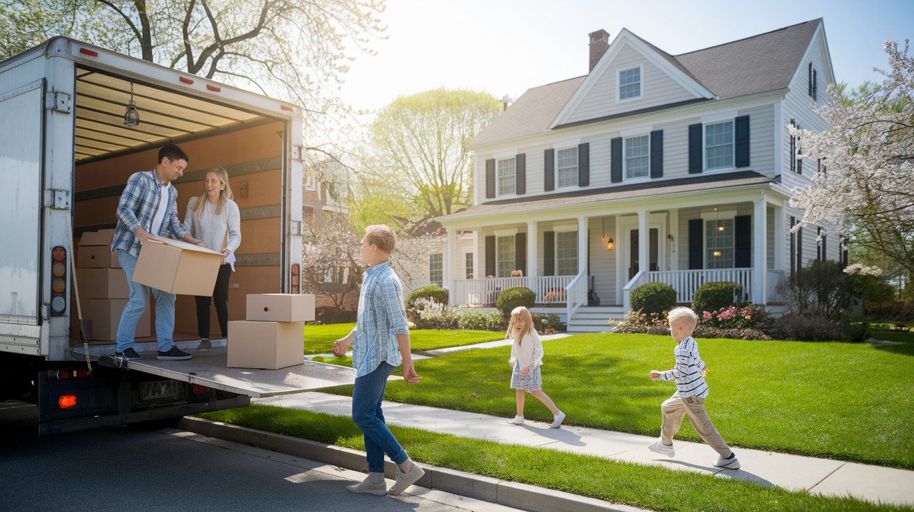 A happy family moving into their new home in Massachusetts during spring, unloading boxes with children playing on a green lawn under a sunny sky.