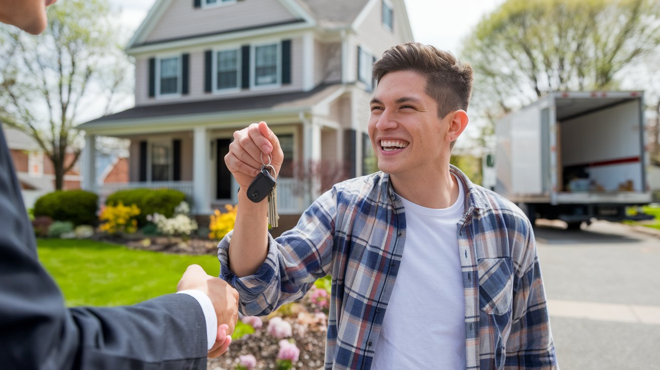 A happy first-time homebuyer in Massachusetts receiving keys from a real estate agent on a sunny spring day, with a suburban house and blooming flowers in the background.